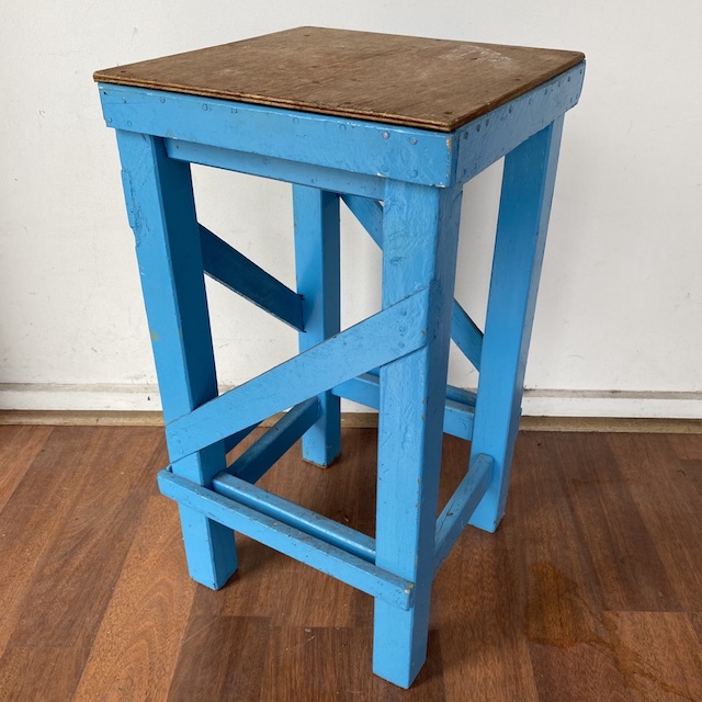 STOOL, Square - Painted Blue w Wooden Seat